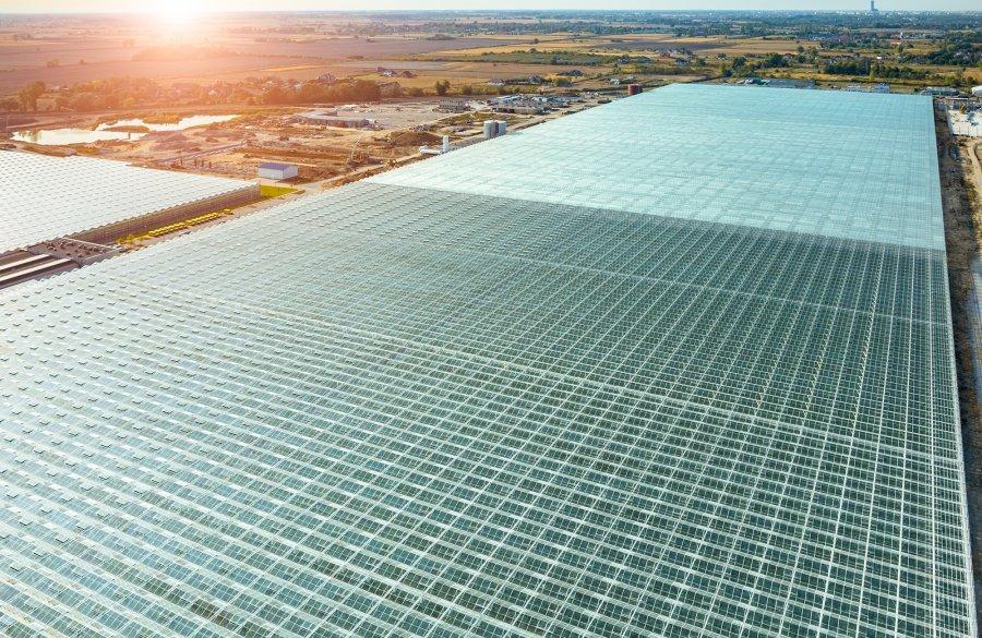 A huge greenhouse with solar rooftop installation.