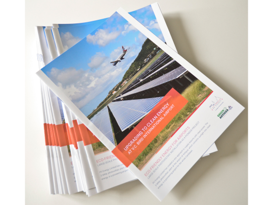 Case study brochures for airport solar project in Antigua.