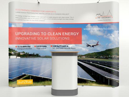 Pop-up banner at the entrance of the Airport Antigua showing the solar power plant.