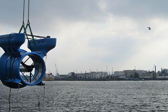 Installation of water turbine in lake.