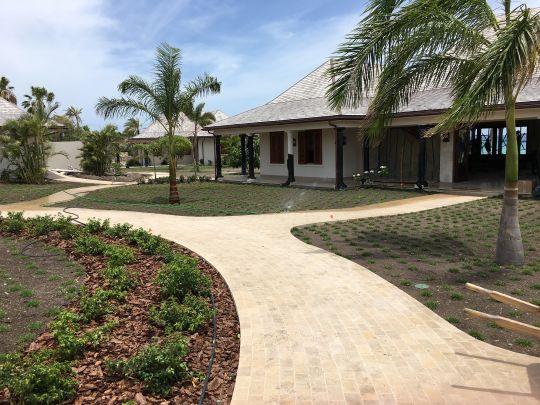 A cottage with palm trees on a small Antiguan island.